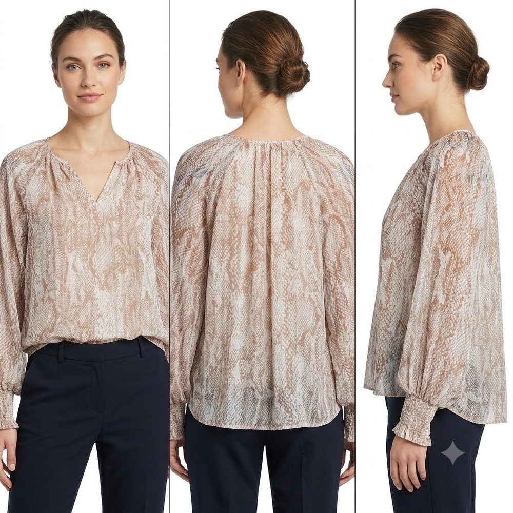 Express Blouse Top Womens M White & Beige Balloon Sleeve Snake Print Preppy